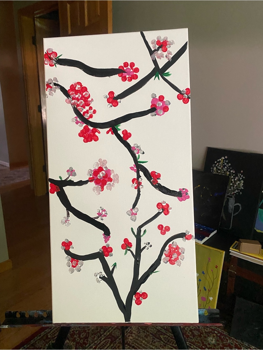 Handpainted Cherry Blossom Canvas - Red & Pink Floral Art